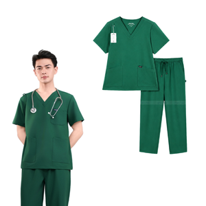 Conjunto de Uniforme Médico para Hombre, Cuello en V, Color Verde, Manga Corta, Pantalones de Algodón y Poliéster, para Hospital - Product Image 1