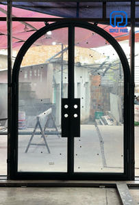 Puerta de Entrada Moderna de Doble Hoja Arqueada de Acero y Vidrio con Marco Negro Delgado – Puerta Exterior Contemporánea Personalizada, Hecha en Vietnam - Product Image 2