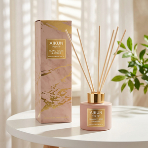Aikun MOQ 30pcs 100ml Ylang Ylang And Amber Reed <b>Diffuser</b> Set <b>With</b> Matte Pink Glass Bottle Gold Label And Pink Gold Marble Box - Product Image 1