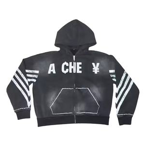 Sudadera con capucha y cremallera negra personalizada para hombre 2025 con gráfico atrevido y Diseño de manga a rayas desgastadas para hombre - Product Image 3