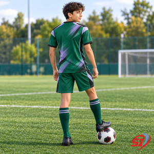 Tenue de football personnalisée pour garçons : Maillot et short Aurora Block, kit d'équipe jeunesse premium, séchage rapide, sublimation, col en V, taille élastique - Product Image 4