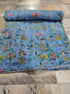 Handmade Kantha Quilt Reversible Cotton Blanket blue fabric print color and Multi Color <b>Bedspread</b> Home Decor Gift for Her - Product Image 3