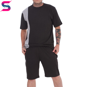 Nouvel Arrivage Ensemble T-shirt et Short Tricoté à Col Rond pour Homme, Lavable en Machine, Décontracté d'Été, Noir et Gris à Blocs de Couleurs - Product Image 3