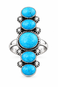 Bague artisanale en turquoise Kingman Mohave, grande pierre ovale et 4 petites pierres ovales, style bohème western, bijou fantaisie en pierres précieuses. - Product Image 3