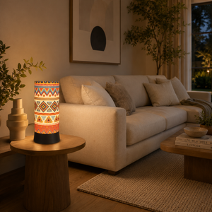 Lámpara de Mesa LED con Estampado Geométrico Tribal Colorido y Pantalla de Lino |   Lámpara de Noche Moderna para Mesa de Noche |   Decoración Bohemia para Sala de Estar - Product Image 4