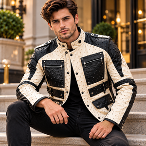Chaqueta de Motero de Cuero con Tachuelas para Hombre, Estilo Invernal |   Cuello alto, múltiples bolsillos y forro de seda premium - Product Image 6