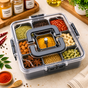 Premium Modern Machine 9-Grid Airtight Spice Organizer PET Eco-Friendly Dishwasher Safe Kitchen <b>Storage</b> Container with SPOONS - Product Image 5