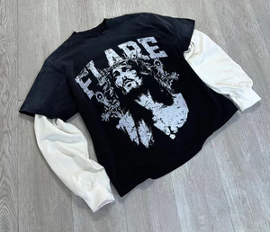 T-shirt unisexe surdimensionné à manches longues, double couche, imprimé vintage, délavé à l'acide, patchwork, effet usé par le soleil, pour homme - Product Image 1