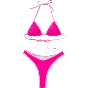 Women Solid Color Halter <b>Bikini</b> <b>Set</b> Contrast Binding Spandex Polyester Stretch Two Piece Swimwear Thong Bottom Eco-Friendly <b>Plus</b> - Product Image 4