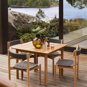 Ensemble de table de jardin en teck d'extérieur avec chaises tressées, mobilier de salle à manger pour patio, sièges en bois pour balcon - Product Image 3