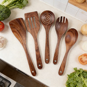 Ensemble d'ustensiles de cuisine en bois, 5 pièces, spatule, cuillère, fourchette, résistant à la chaleur - Product Image 1