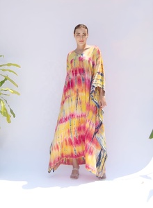 Tie Dye Floor-length Long Sleeve V-neck Breathable Beach Cover up Bohemian Abaya for Women Drawstring Kaftan Gypsy Formal Cotton - Product Image 4