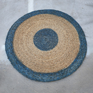 Concentric Dark Blue Striped Round Seagrass Sheets Crafted for <b>Wall</b> Decoration <b>Table</b> Settings and Natural Home Accents - Product Image 1