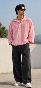 <b>Men's</b> <b>Pink</b> Gingham Check Casual <b>Shirt</b> Full Sleeve Turn-down Collar Breathable 100% Cotton Summer Hand Drawn Woven Fabric - Product Image 4