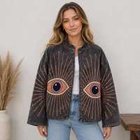 Blouson bomber noir pour femme, col montant, manches longues, motif œil brodé à la main, vêtement d'hiver
