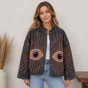 Chaqueta Bomber Negra para Mujer, Cuello Alto, Manga Larga, Patrón de Ojos Bordado a Mano, Ropa de Invierno - Product Image 1