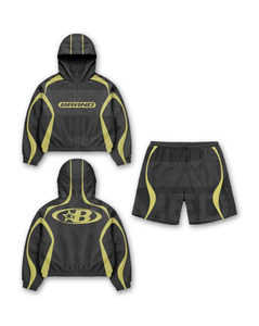 Ensemble 3 pièces respirant en coton 100% avec lignes réfléchissantes, nouveau design, coupe oversize : veste d'été unie, pantalon évasé et short coupe-vent - Product Image 4