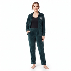 Ensemble de survêtement en velours pour femme, coupe classique, deux pièces, veste zippée intégrale et pantalon assorti, haute qualité, OEM ODM, vente en gros personnalisée - Product Image 1
