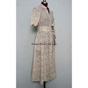 Women's Cotton Block Floral Printed V-Neck Midi <b>Dress</b> Short Sleeve Boho <b>Weddings</b> Casual Party Wear Bikini Cover up Lace up <b>Dress</b> - Product Image 5