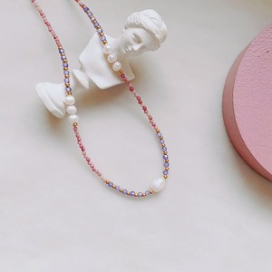 Collier en pierre naturelle, perle baroque, acier titane polyvalent, cristal violet, pierre rose, couleur contrastée, fermoir tendance, perles - Product Image 4