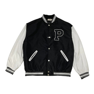 Black Varsity <b>Jacket</b> Unisex Polyester/Cotton <b>Mandarin</b> <b>Collar</b> Single Button Front Preppy Style Autumn Windproof Breathable - Product Image 2