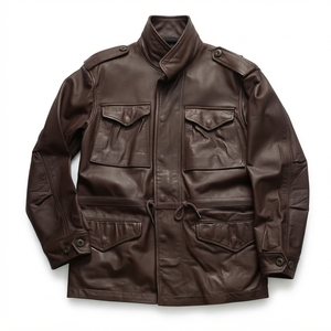 Veste de chasse d'hiver en cuir de vache véritable pour homme, noire, col montant, à capuche, matelassée, grande taille, manteau en cuir véritable, vente en gros OEM - Product Image 1