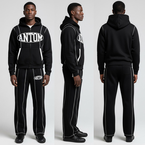 Conjunto de Sudadera con Capucha y Pantalones Acampanados de Chándal Transpirable con Lavado Ácido y Parches Desgastados para Invierno - Product Image 1