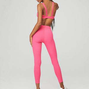 Women's <b>Pink</b> Yoga <b>Set</b> 2 Piece Halter Neck Solid Color High Waist Full Length Leggings Stretch Fitness Wear - Product Image 2