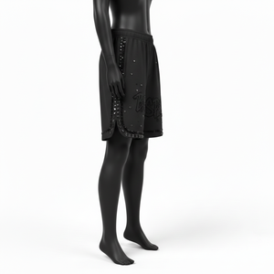 Shorts de baño para mujer premium, 220 GSM, poliéster y spandex, secado rápido, paneles laterales de malla negra, logo con pedrería. - Product Image 3