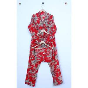 Conjunto de Pijama Elegante de Algodón para Mujer, Manga Larga, para Verano, Camisa y Pantalón, Estampado Floral Indio Hecho a Mano, Transpirable y Suave - Product Image 5