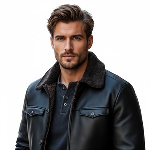 Veste en cuir de vachette noire pour homme, col rabattu, fermeture éclair, coupe classique, couleur unie, vêtement d'hiver, véritable peau d'agneau - Product Image 3
