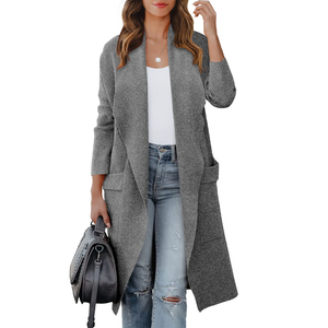 Cardigan à manches longues pour femmes, couleur unie, ouvert sur le devant, avec poches, pull tricoté décontracté, longueur complète, sans col, vêtements d'hiver - Product Image 3