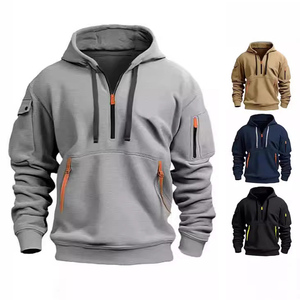 Sweat-shirts à capuche pour hommes à manches longues, demi-zippés, coupe ample, couleur unie, avec poches sur les bras, pour le printemps et l'automne, style décontracté - Product Image 6