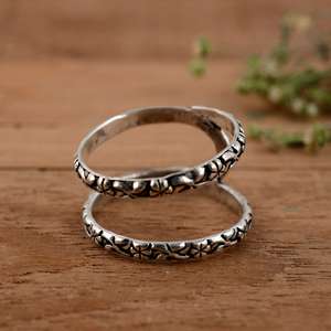 Handmade 925 Sterling <b>Silver</b> Oxidized Floral Vine <b>Ring</b> <b>Adjustable</b> Boho Double Band Arthritis Splint Vintage Flower Engraved - Product Image 2