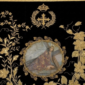 Drapeau liturgique chrétien personnalisé en velours noir, brodé à la main avec croix dorée, couronne et motifs floraux - Product Image 2
