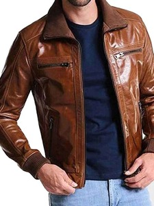 เสื้อแจ็คเก็ตหนังสีน้ำตาลเงาสำหรับผู้ชาย - Product Image 2
