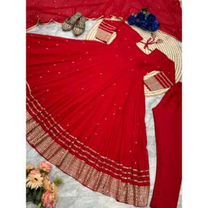 Vestido Anarkali y Pantalón Hechos a Mano con Dupatta, Silueta en A, Cintura Imperio, Tela de Organza para Fiestas - Product Image 4