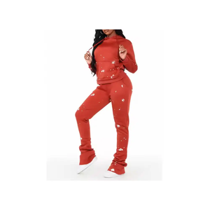 Conjunto de Sudadera con Capucha Roja para Mujer, Conjunto Deportivo de Dos Piezas de Felpa, Corte Holgado, Estampado de Puntos, para Uso Diario - Product Image 2