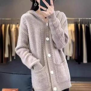 Women's ODM <b>Hooded</b> Long <b>Cardigan</b> Sweater Solid Color <b>Knitted</b> Button Front Standard Acrylic Winter Casual Full Sleeve Embroidery - Product Image 5
