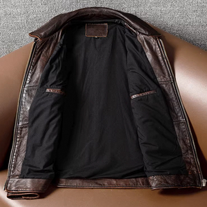 HARAZ INTERNATIONAL <b>Vintage</b> Brown Genuine Leather <b>Motorcycle</b> <b>Jacket</b> Men Turn-down Collar Zipper Closure Solid Color Front Autumn - Product Image 2