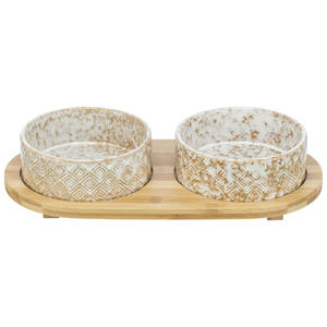 Bols en céramique pour animaux de compagnie avec plateau en bambou blanc et brun clair, lot de 2 pour chiens et chats - Product Image 1