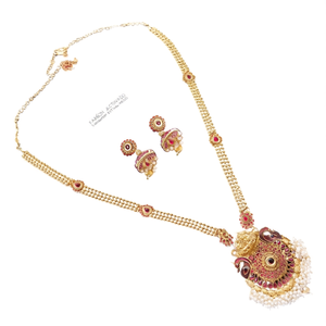 Fashion Jewelry Set Temple Style Circular Pendant with Peacock and Ruby Kemp Embellishment - Product Image 2
