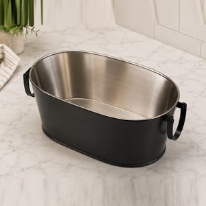 Moderna Bañera Ovalada de Acero Galvanizado Negro Mate con Asas Laterales, Vajilla Metálica Bicolor para Vino, Bodas y Fiestas - Product Image 4
