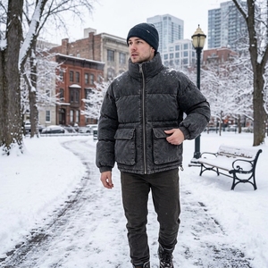 Veste matelassée noire pour homme, manteau d'hiver à col montant, fermeture éclair, streetwear d'extérieur, vêtements personnalisés OEM ODM - Product Image 6