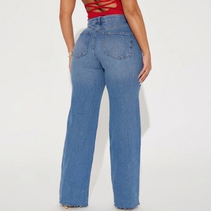 OEM/ODM <b>Womens</b> High Waisted Wide Leg <b>Jeans</b> Medium Wash <b>Blue</b> Denim Pants Raw Hem Baggy Trousers Factory Direct Wholesale - Product Image 2