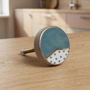 Industrial Ceramic Cabinet Knob & <b>Drawer</b> Handle Round Blue Polka Dot <b>Gold</b> Trim Eco-Friendly & Durable - Product Image 1