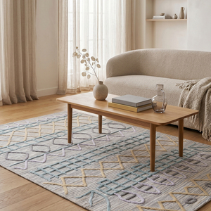 Tapis en laine tufté à la main multicolore Pastel Glyph, motif géométrique tribal moderne, antidérapant, écologique, pour salon - Product Image 4