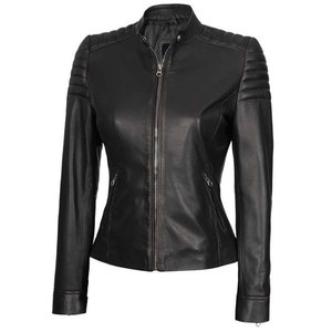 Women's Black Slim Fit Cafe Racer Leather <b>Jacket</b> - Genuine Lambskin Padded Shoulder Biker <b>Jacket</b> with Mandarin Collar - Product Image 4