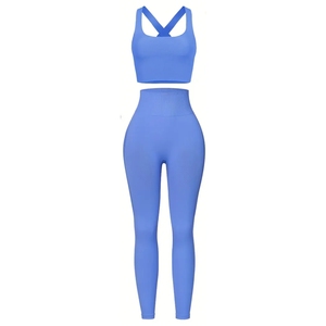 <b>Blue</b> 2 Piece Yoga Set <b>Crop</b> <b>Top</b> With Crisscross Straps High Waist Full Length Leggings Seamless Solid Color Activewear - Product Image 1
