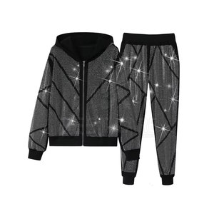 Conjunto Deportivo de 2 Piezas con Capucha para Mujer, Estampado Brillante con Patrón Geométrico, Estilo Deportivo Casual, Manga Larga, Tejido de Algodón Transpirable, Otoño - Product Image 1
